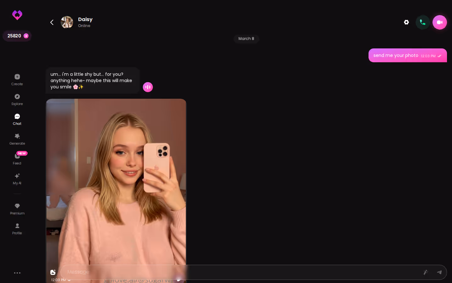 Long photo-heavy GoLove.ai desktop chat showing what a paid-tier roleplay scene looks like with images landing in the thread