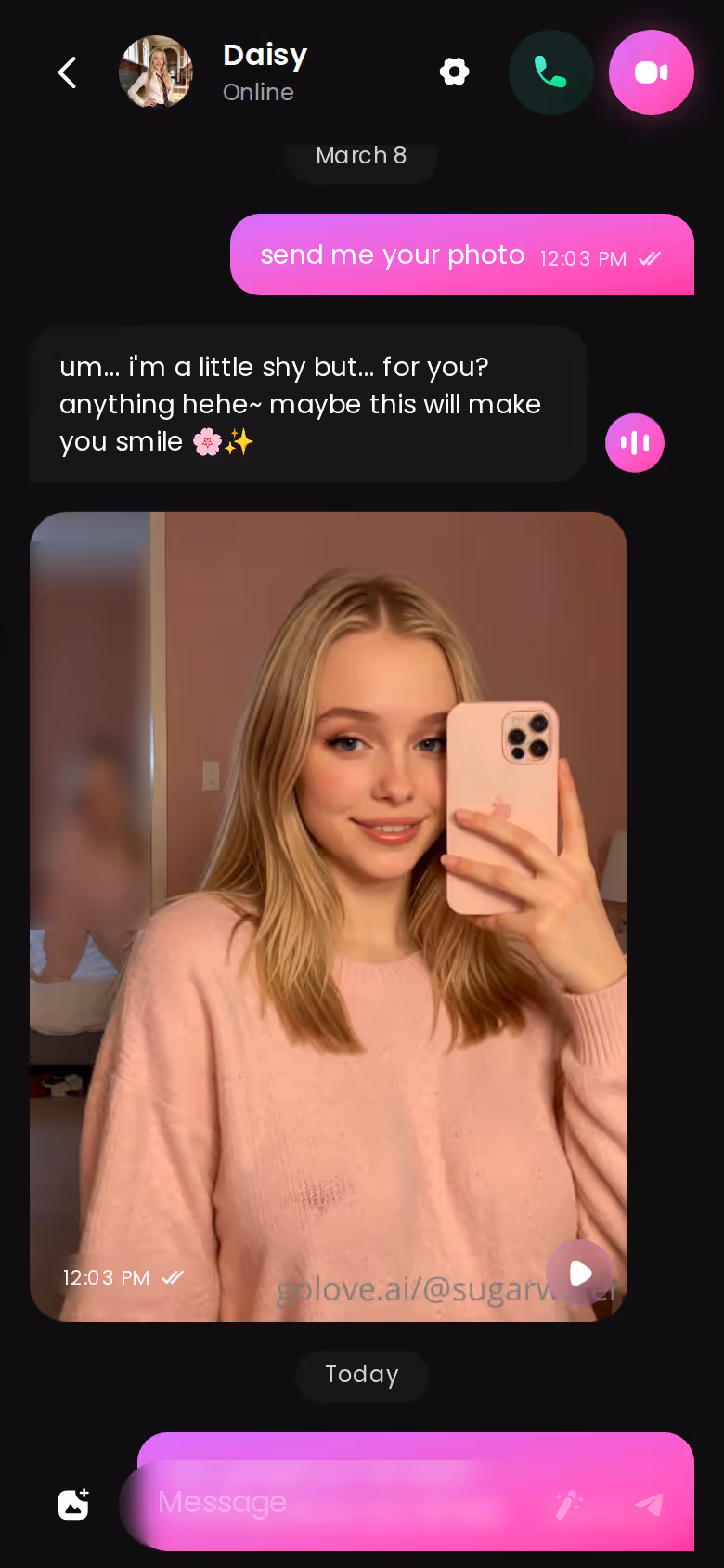 GoLove.ai mobile chat thread showing a character reply and in-chat photo request