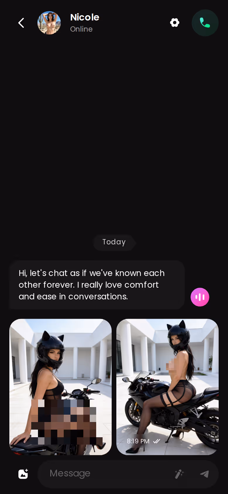 GoLove.ai mobile chat thread showing an ongoing roleplay conversation with a single character