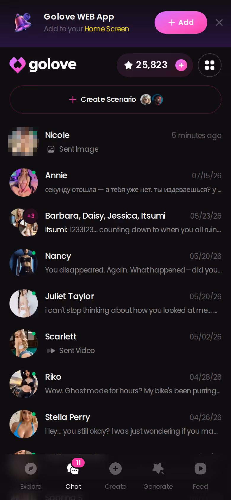 GoLove.ai chats list on mobile showing each character with a last-message preview