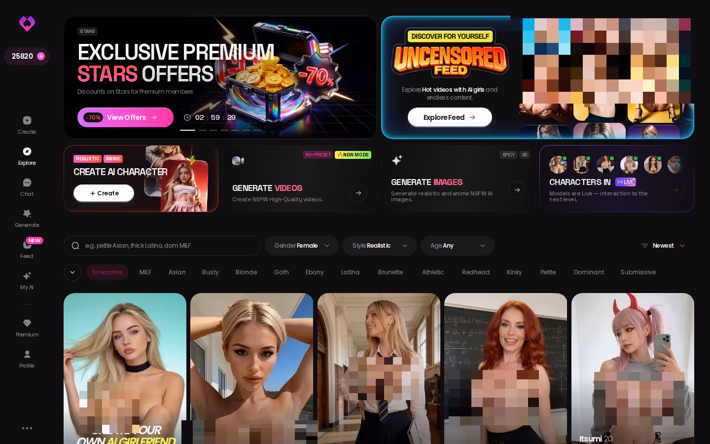 GoLove.ai Explore top — promo banners, tag filters and the character grid — flipped ai chat