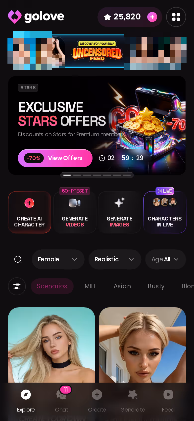 GoLove.ai Explore page on mobile showing realistic character cards