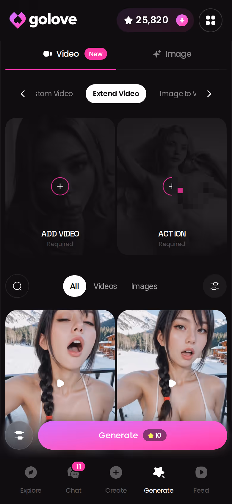 GoLove.ai mobile generator with the Extend Video option on a generated clip