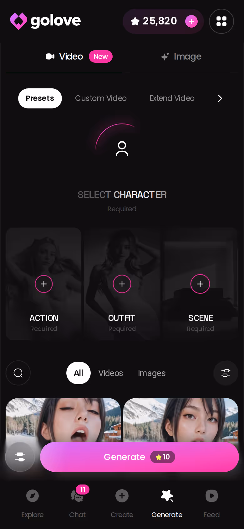 GoLove.ai generator hub on mobile with image and video modes