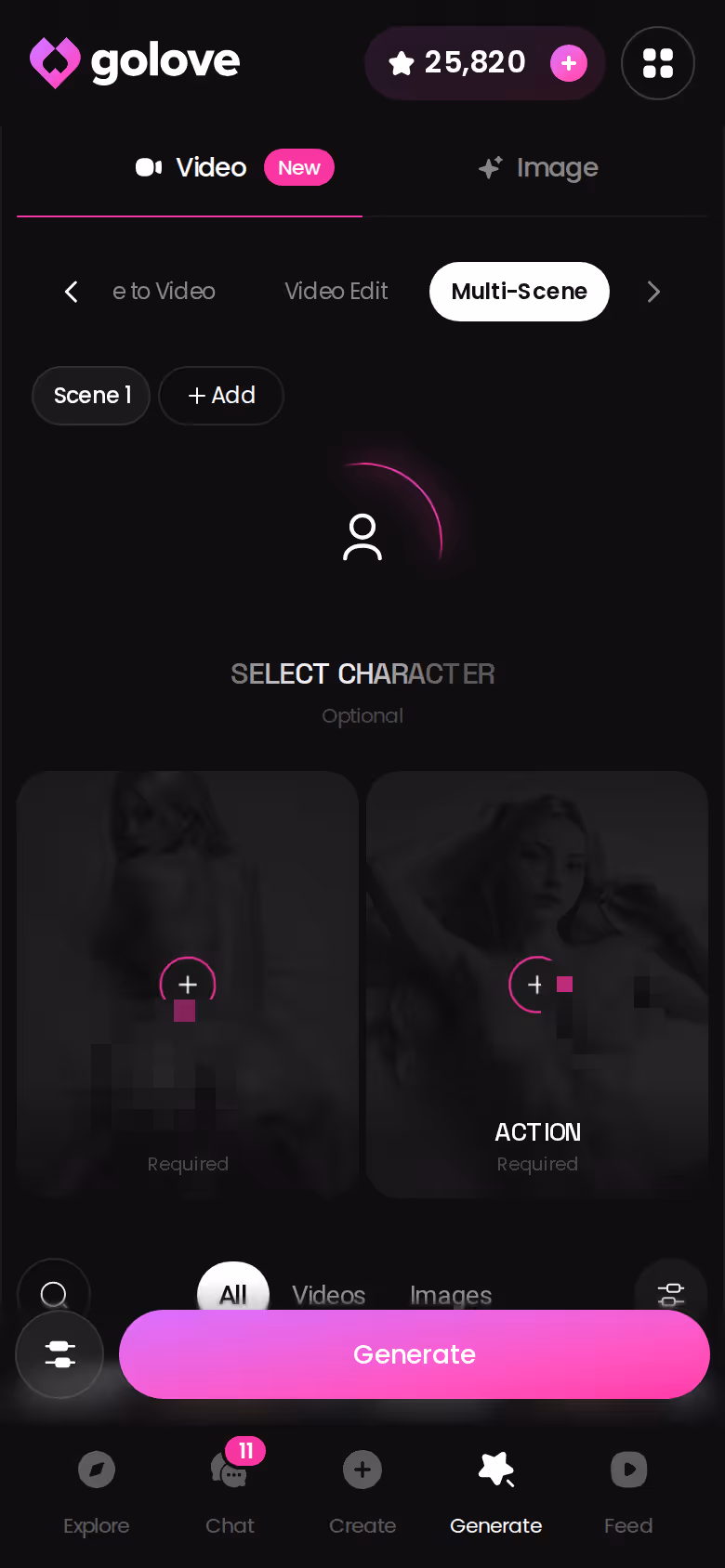 GoLove.ai video generator on mobile with preset scene cards