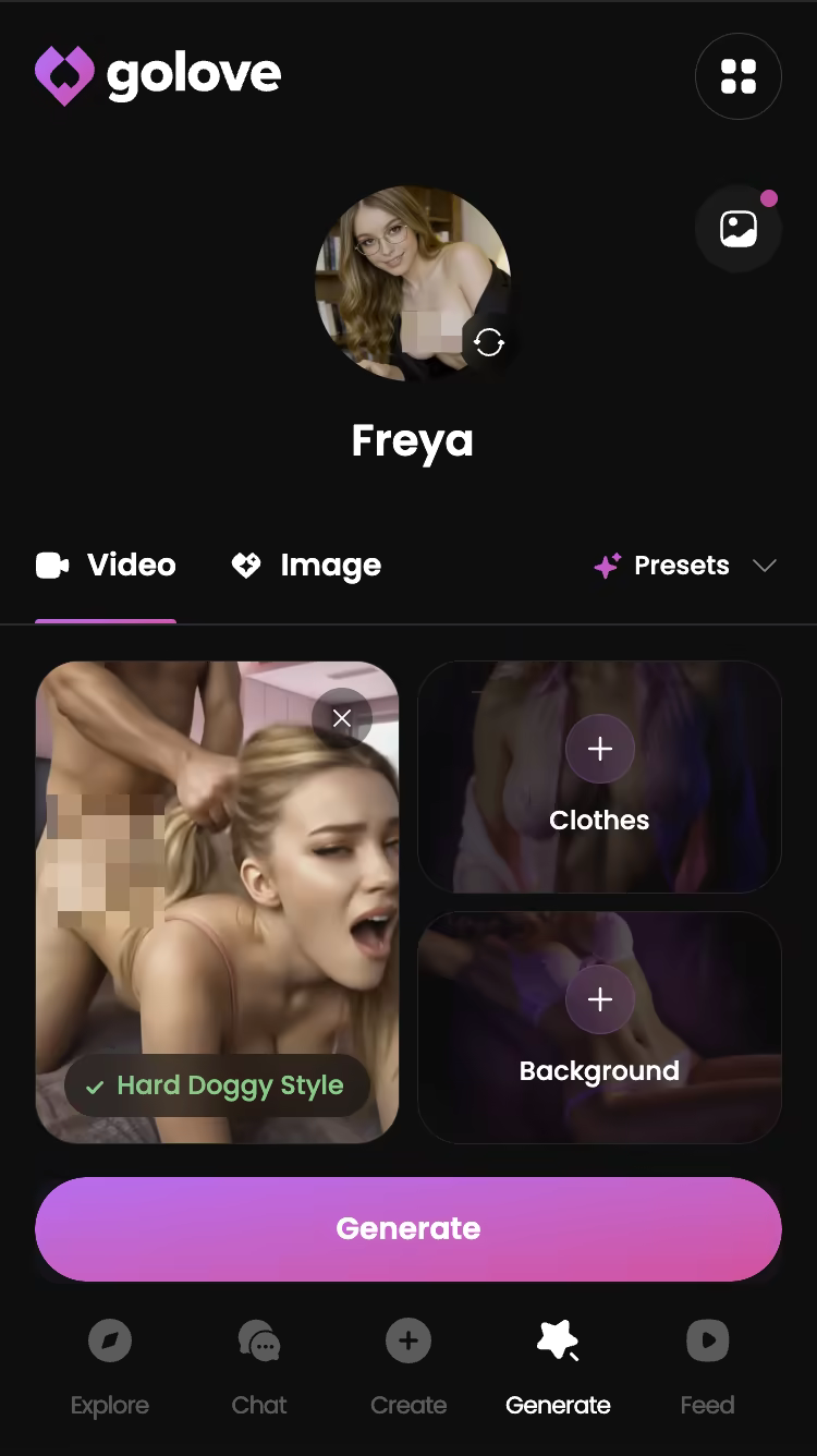 Explicit action preset selected in the GoLove.ai video generator — vidqu ai girlfriend