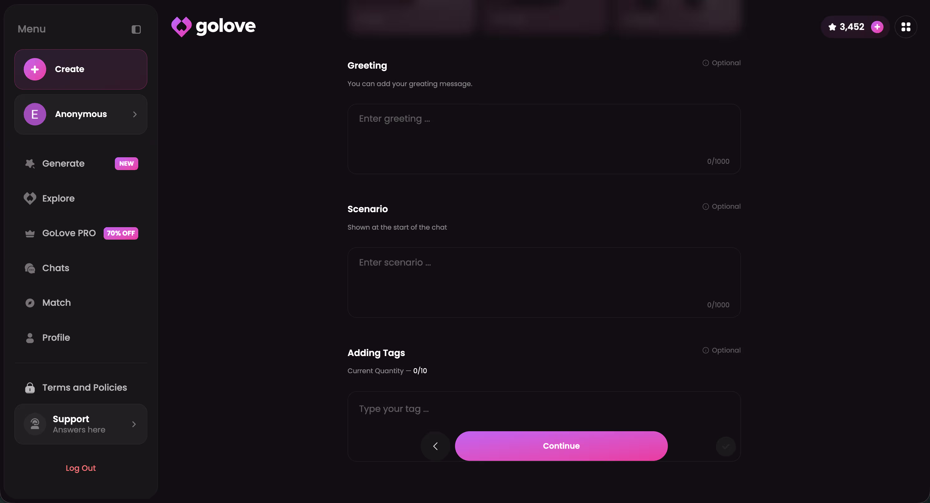 GoLove chat settings panel showing persona and conversation customization depth